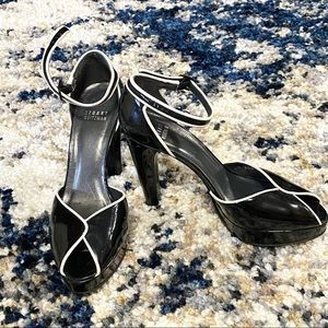 Stuart Weitzman 7 Black White Peep Toe Platform Patent Stiletto Sandals Heels